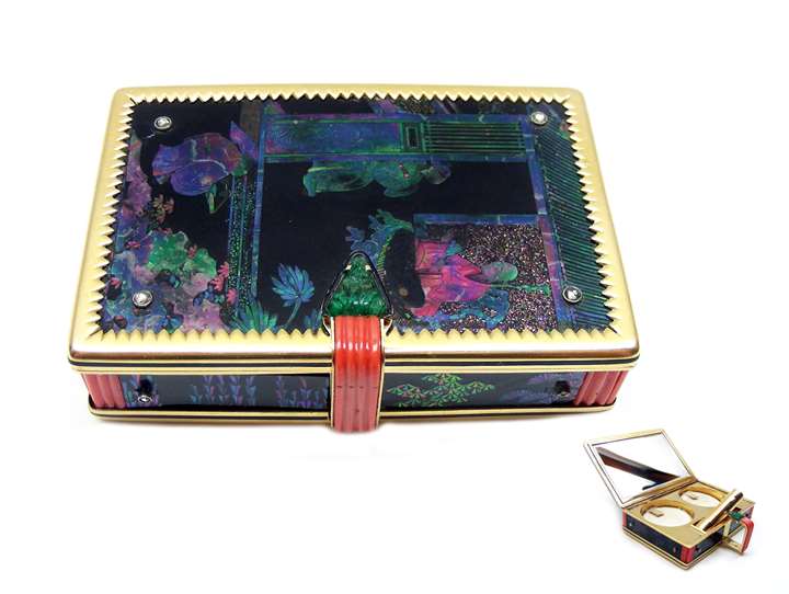 Art Deco lacquer, mother-of-pearl and diamond powder and lipstick box